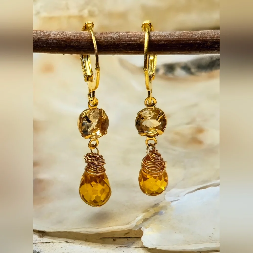 Genuine 1.48 Carats Small Citrine Dainty Gold Plated Earrings